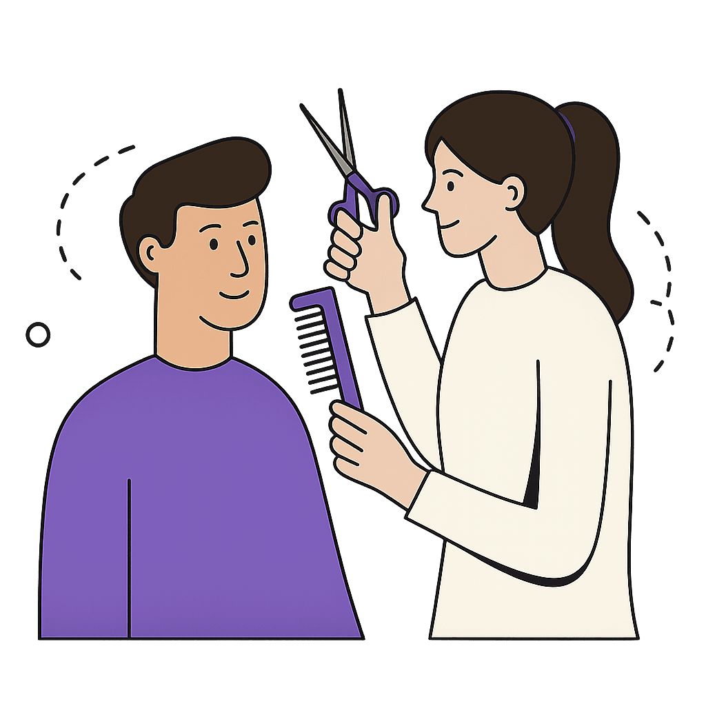 Ikona przedstawiająca fryzjera z narzędziami do strzyżenia z klientem.