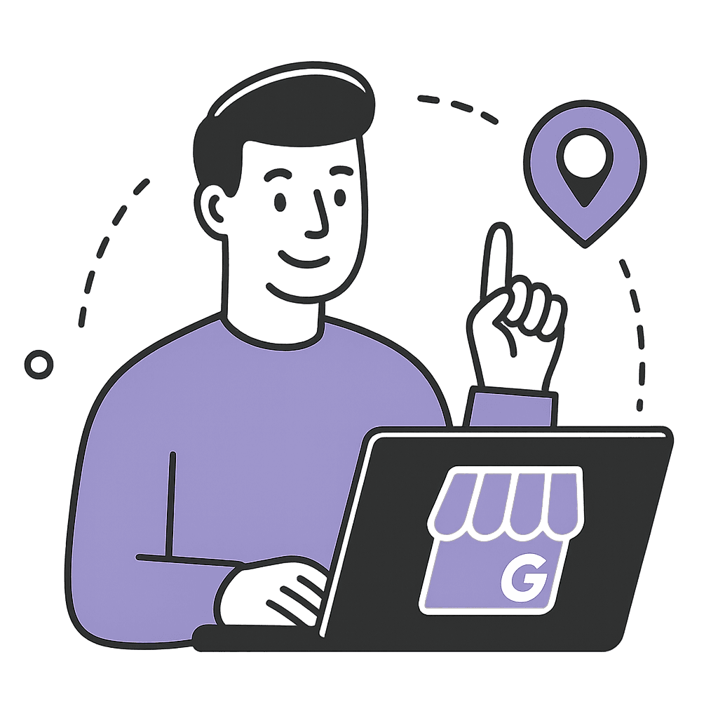 Ikona przedstawiająca osobę siedzącą przed laptopem. Na laptopie jest logo Google.