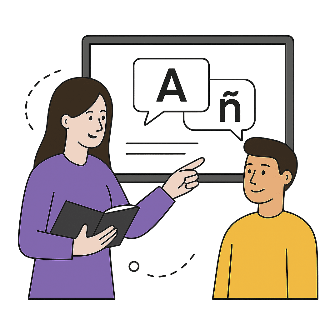 Ikona przedstawiająca nauczyciela i ucznia stojących przed tablicą.