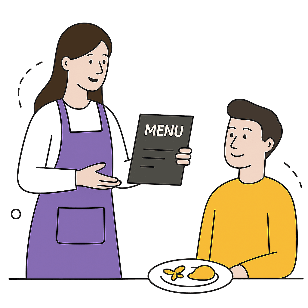 Ikona przedstawiająca klienta w restauracji a obok stoi kelnerka trzymająca menu.